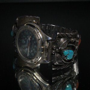 FANTASTIC STERLING SILVER NAVAJO MARKED W TURQUOISE CORAL WATCH TIPS